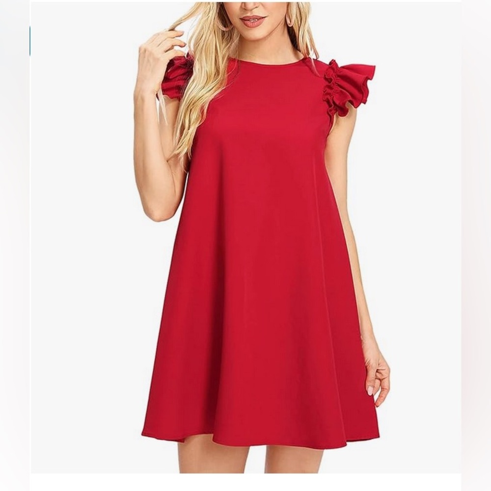 🍒 Cherry red ruffle sleeve swing dress scoop neck comfy spring summer sexy date